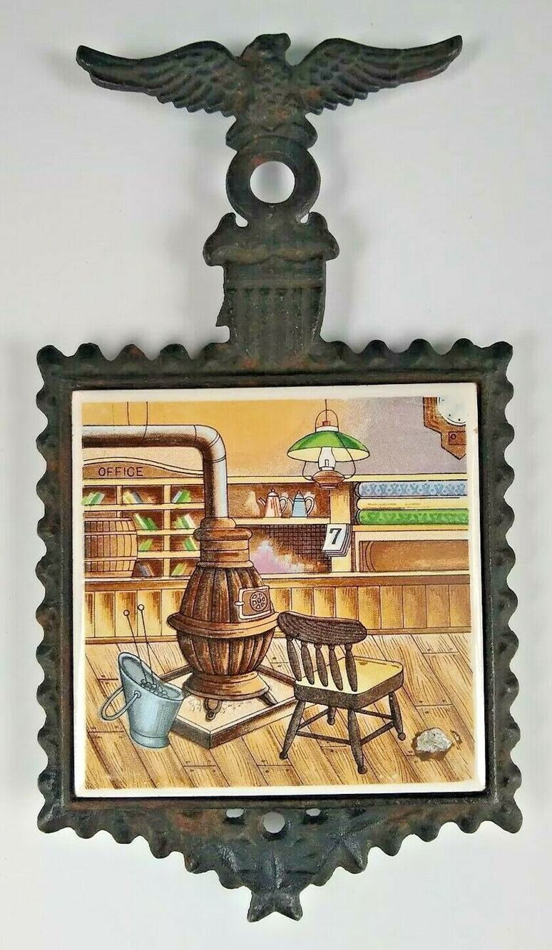 Vintage Kitchen Trivet Old Fashioned General Store Cast Iron with Tile